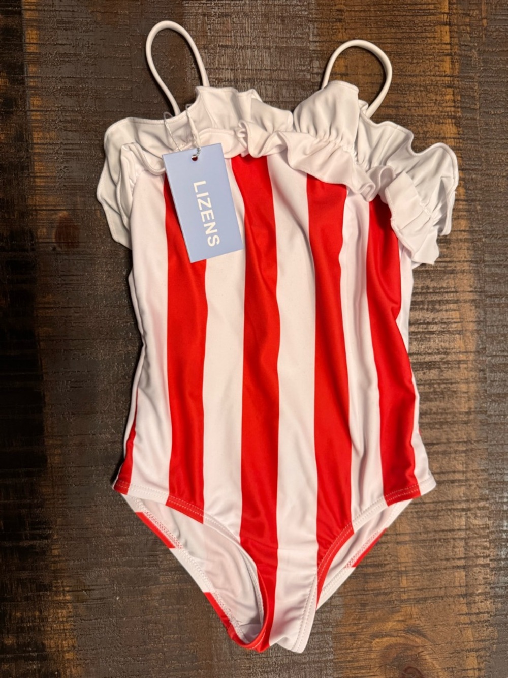 NWT LIZENS Girls Swimwear One Piece Striped  Ruffle Trim Flounce 4-5 years